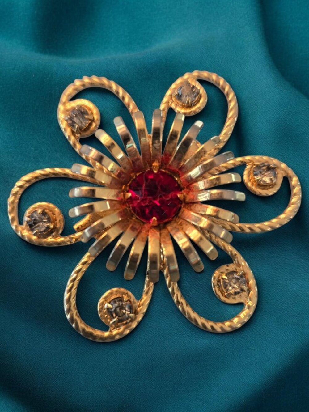 Vintage Flower Brooch - Gold-Tone with Red and Clear Gemstones - Pin